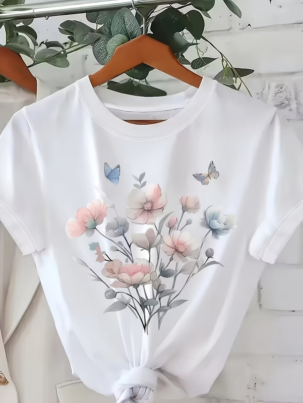 Women's Watercolor Floral Butterfly T-Shirt Botanical Graphic Tee Short Sleeve Crewneck Casual Top