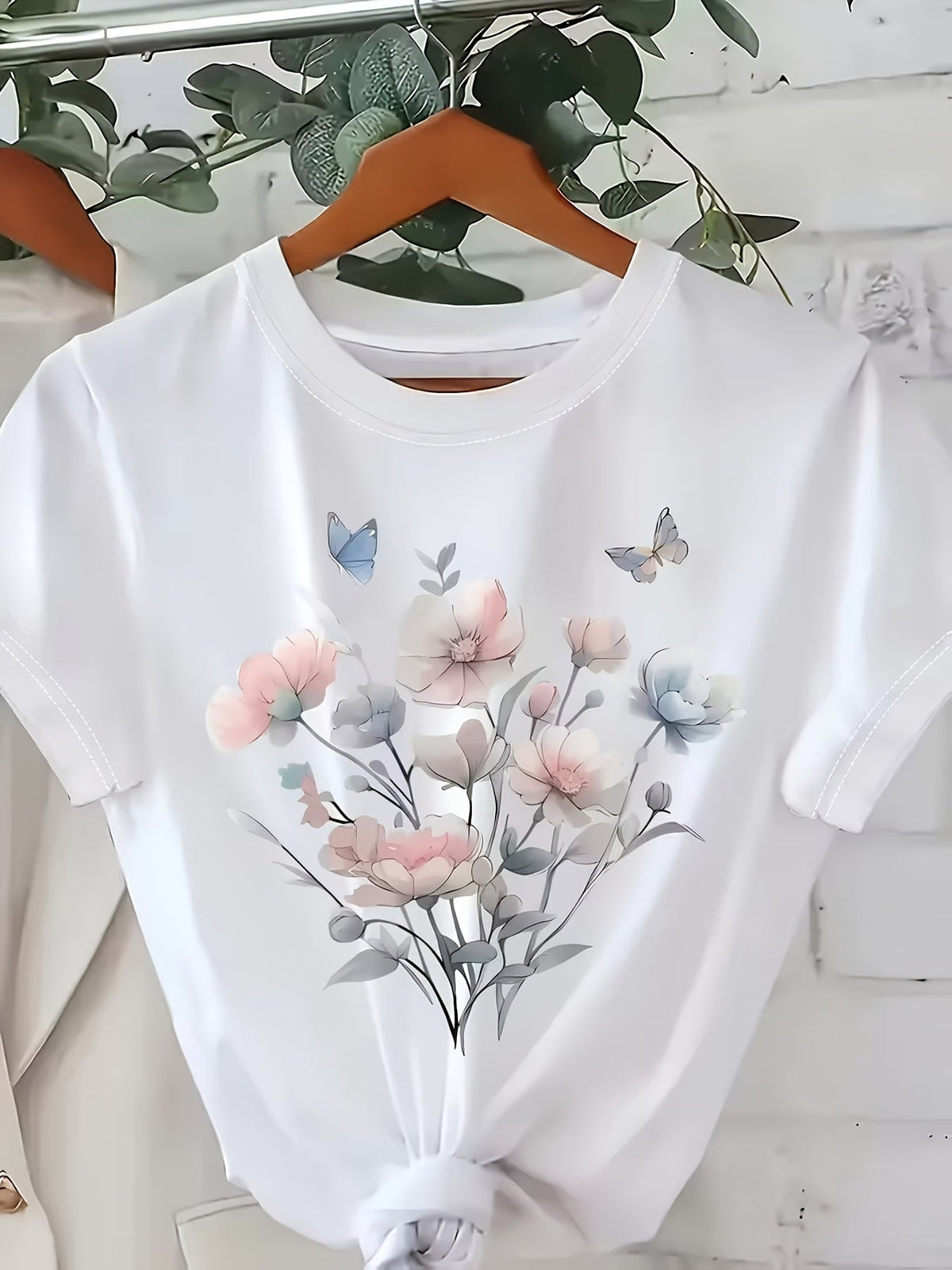 Women's Watercolor Floral Butterfly T-Shirt Botanical Graphic Tee Short Sleeve Crewneck Casual Top