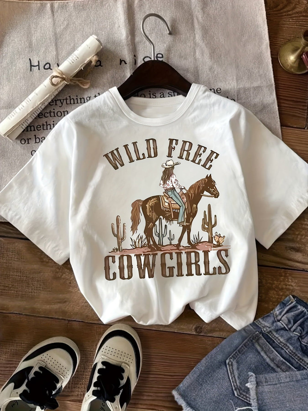 Women's Wild Free Cowgirls T-Shirt Western Cowboy Riding Horse Graphic Tee Casual Short Sleeve Top