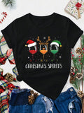 Women’s Christmas Spirits Wine Glass Graphic Short‑Sleeve T‑Shirt, Round Neck Casual Top for Holiday Christmas Parties