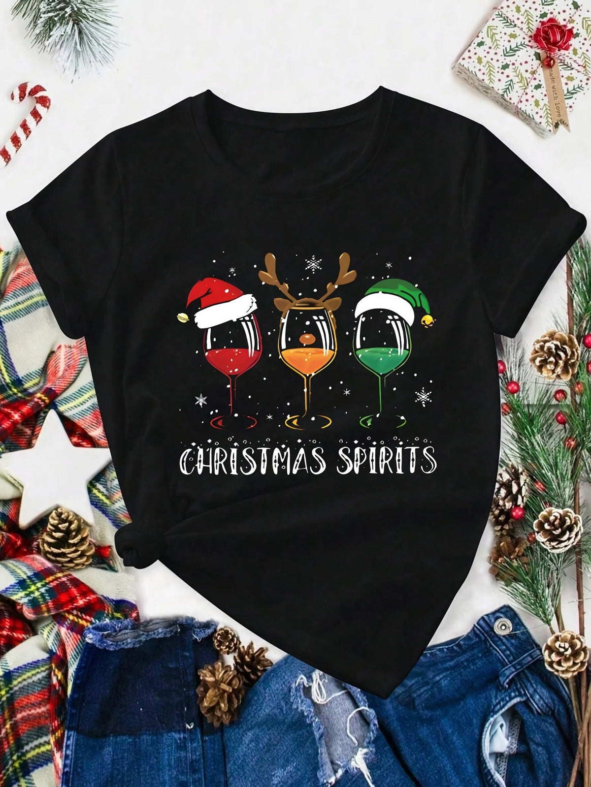 Women’s Christmas Spirits Wine Glass Graphic Short‑Sleeve T‑Shirt, Round Neck Casual Top for Holiday Christmas Parties
