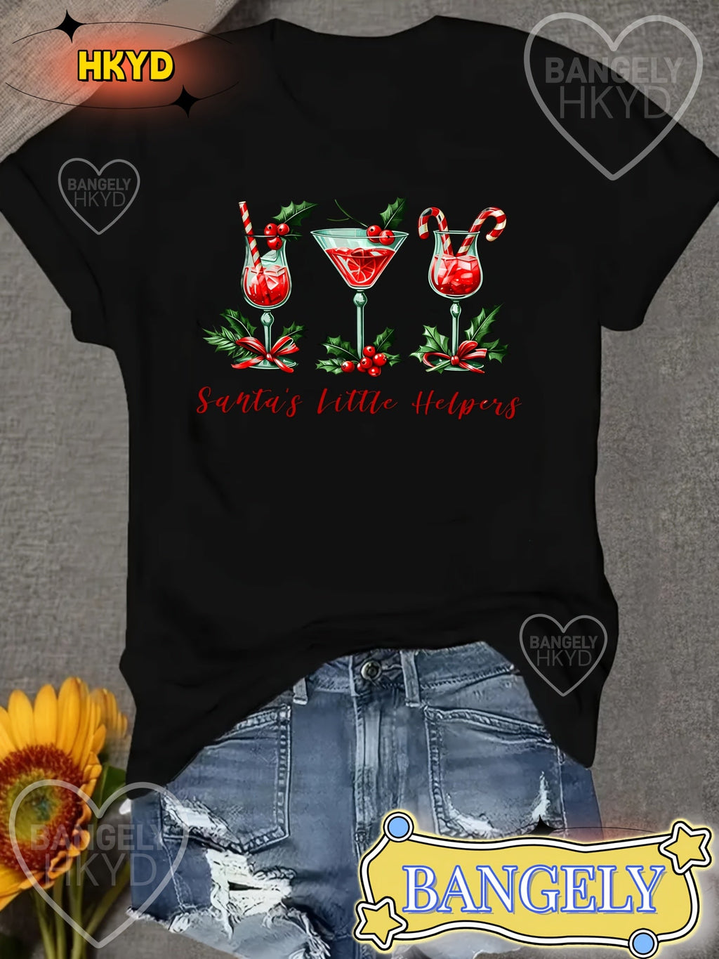 Womens Santa Little Helper Print Short Sleeve Tee Cocktail Graphic Crew Neck Casual Top Holiday Party Daily Versatile Soft Breathable