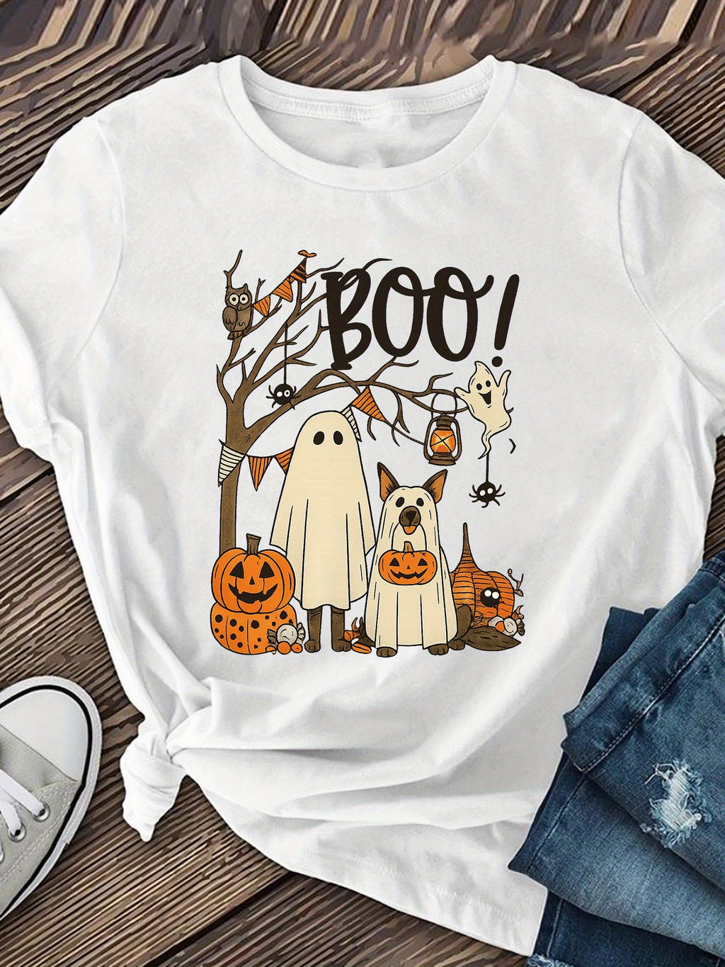Funny Halloween Boo! T-Shirt for Women, Cute Ghost Pumpkin Graphic Tee, Short Sleeve Crew Neck Casual Top