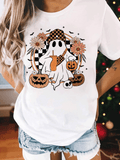 Halloween Pumpkin Print Short Sleeve Tee All Season Crew Neck Casual Top