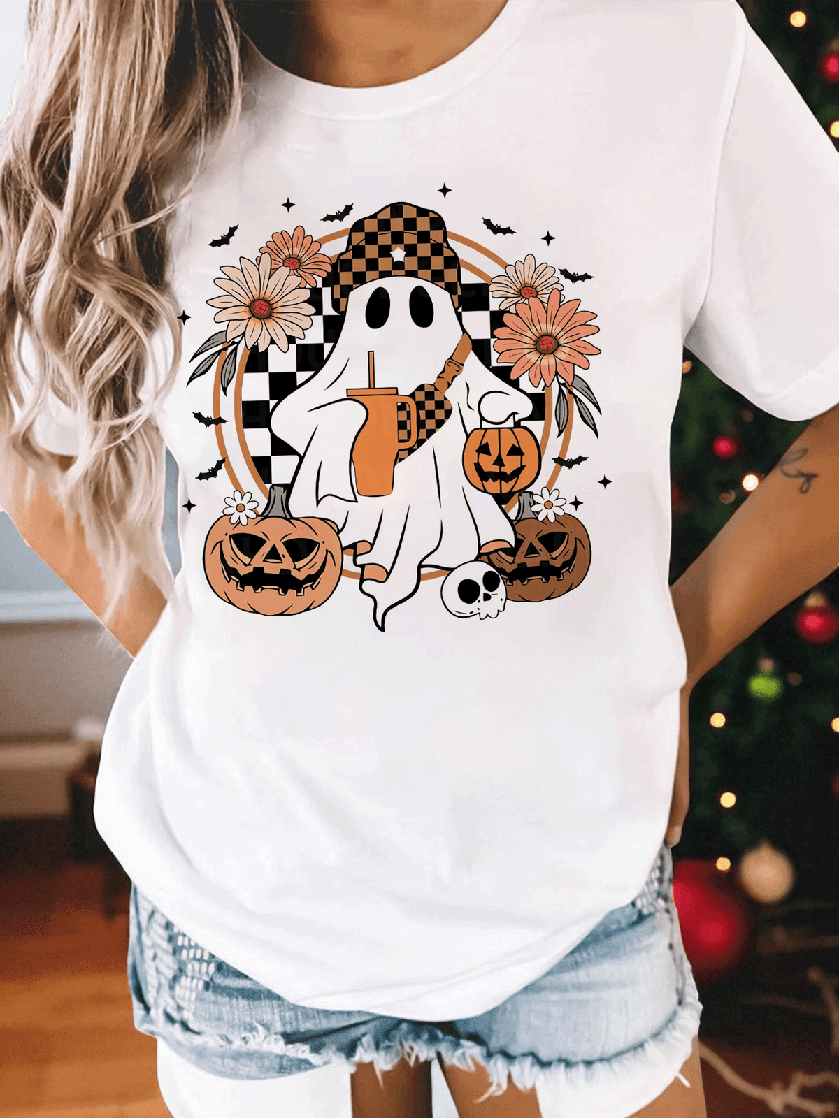 Halloween Pumpkin Print Short Sleeve Tee All Season Crew Neck Casual Top