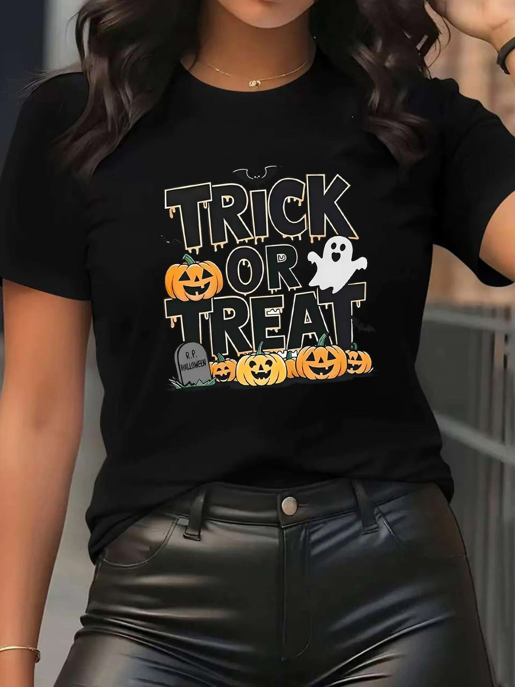 Halloween Trick Or Treat Print Tee Party Lightweight Top