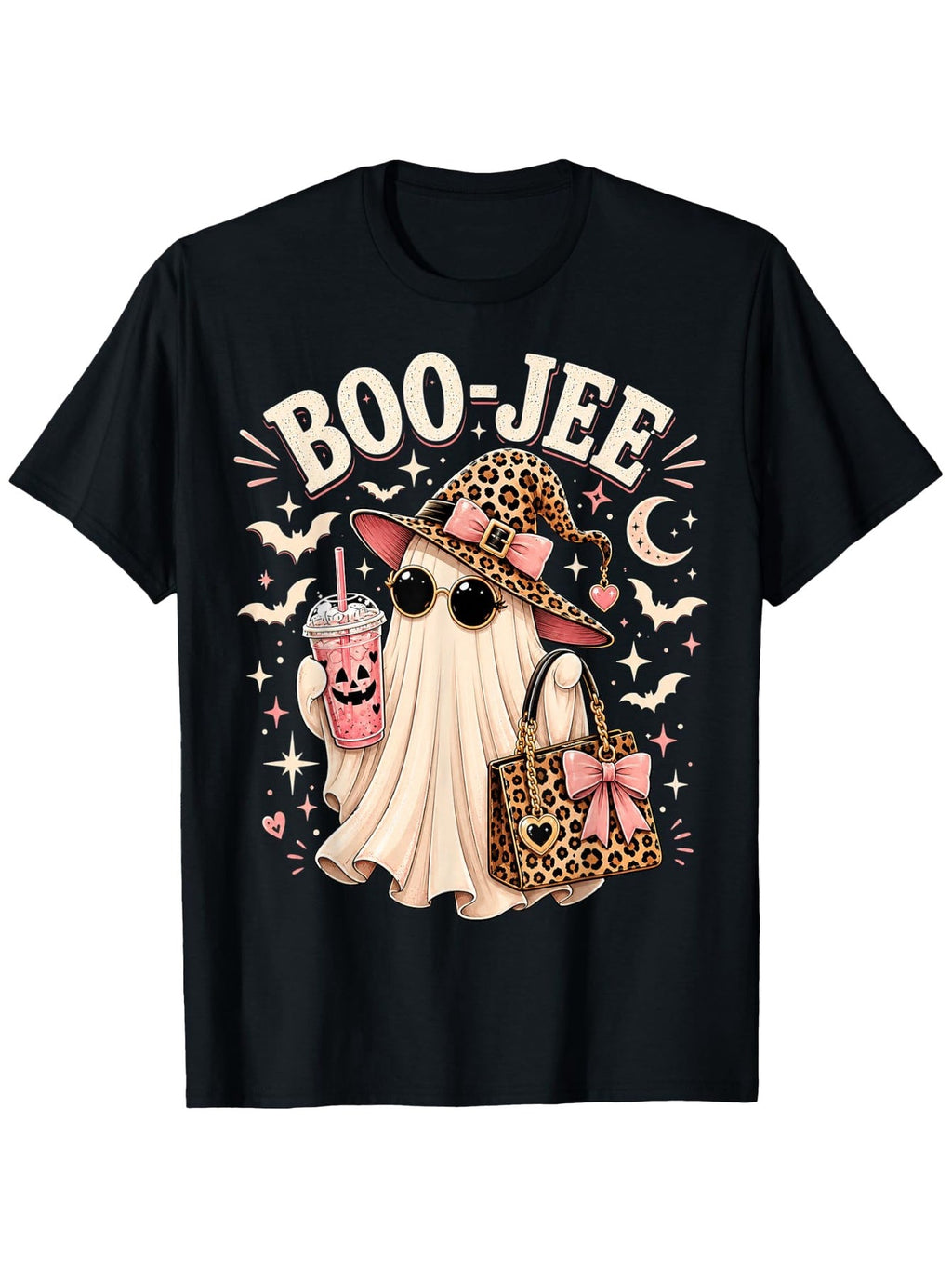 Boo JEE Pink Leopard Ghost Witch Funny Coquette Halloween T-Shirt