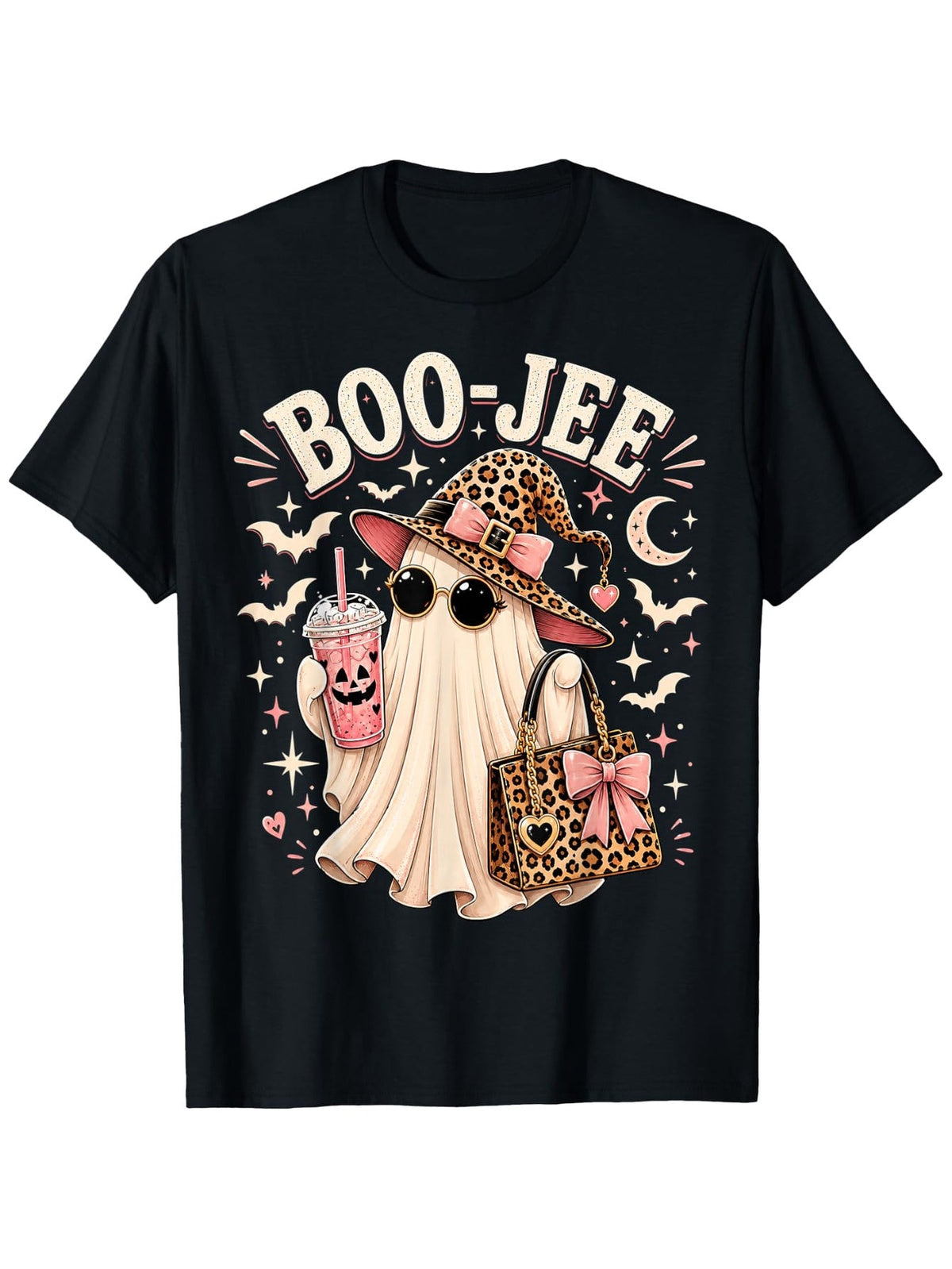 Boo JEE Pink Leopard Ghost Witch Funny Coquette Halloween T-Shirt