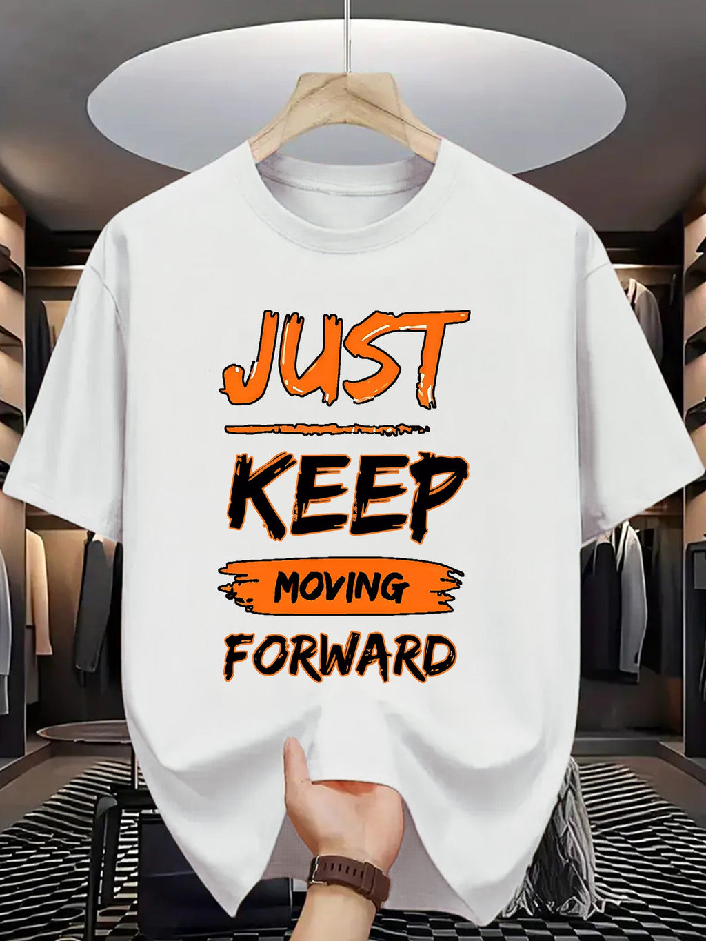 Men's Fashion Short Sleeve Crew Neck T-Shirt, Trendy "Just Keep Moving Forward" Inspirational Letter Print Casual Everyday Tee