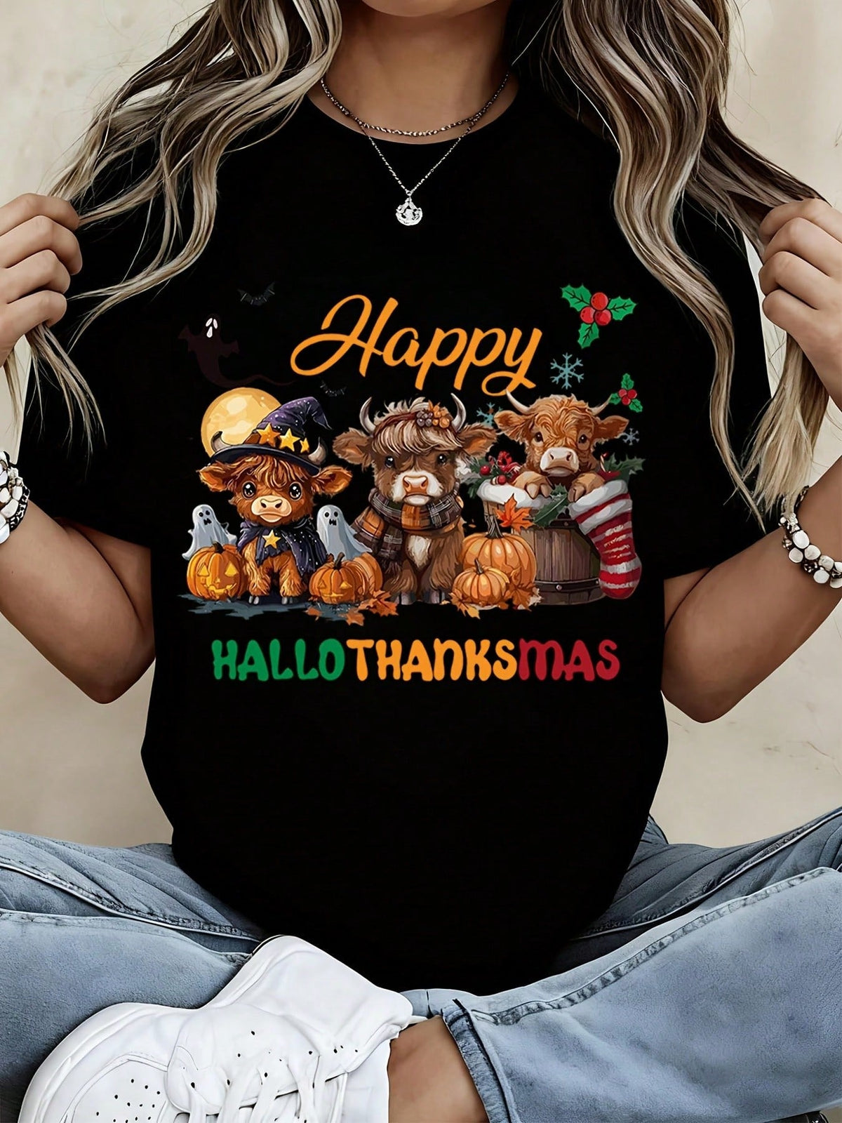 Plus Size Women's Printed T-Shirt - Soft And Breathable Cotton Crew Neck - Autumn Halloween Thanksgiving Casual Wear