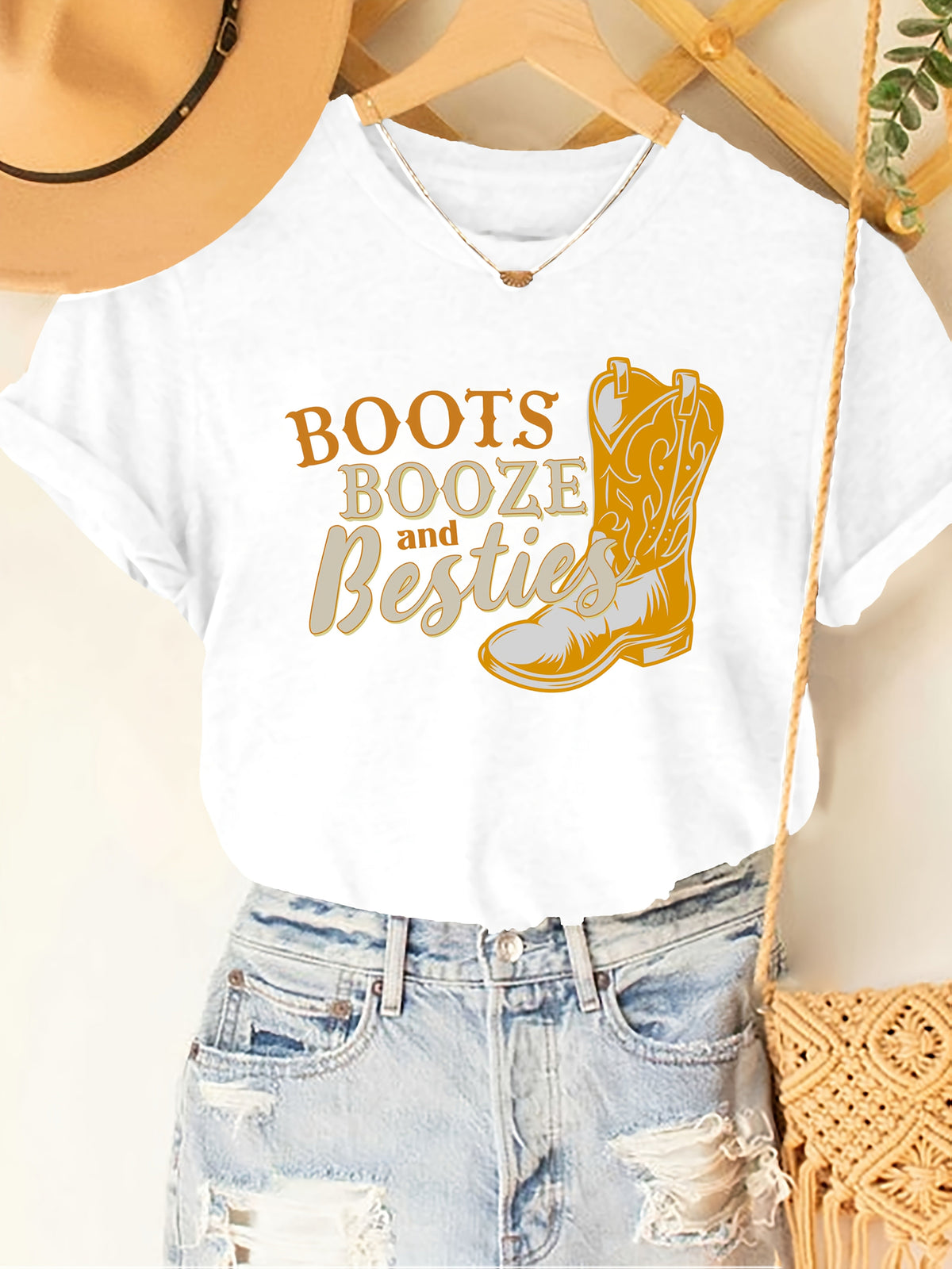 Women Western Cowboy Boots Graphic T‑Shirt, Bestie Friendship Casual Short Sleeve Fall Gift Tee