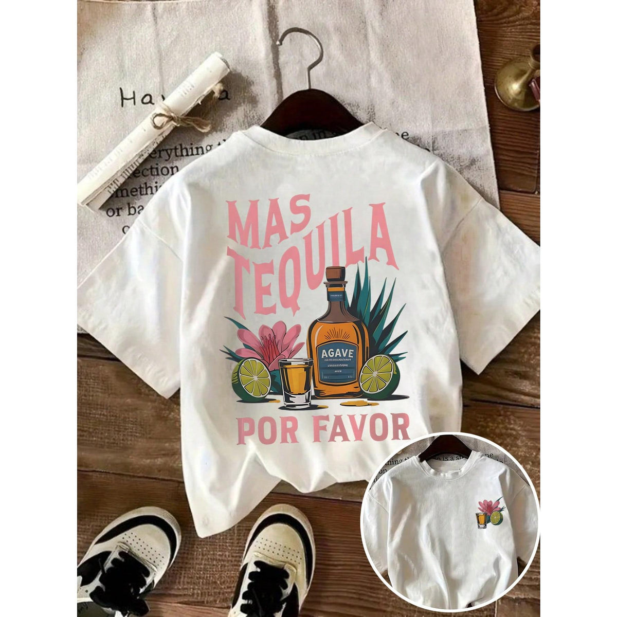 Glissea Tequila Cocktail Margarita Glassware Lemon Flower Leaf Letter Print Round Neck Casual Plus Size Women T-Shirt, Spring/Summer