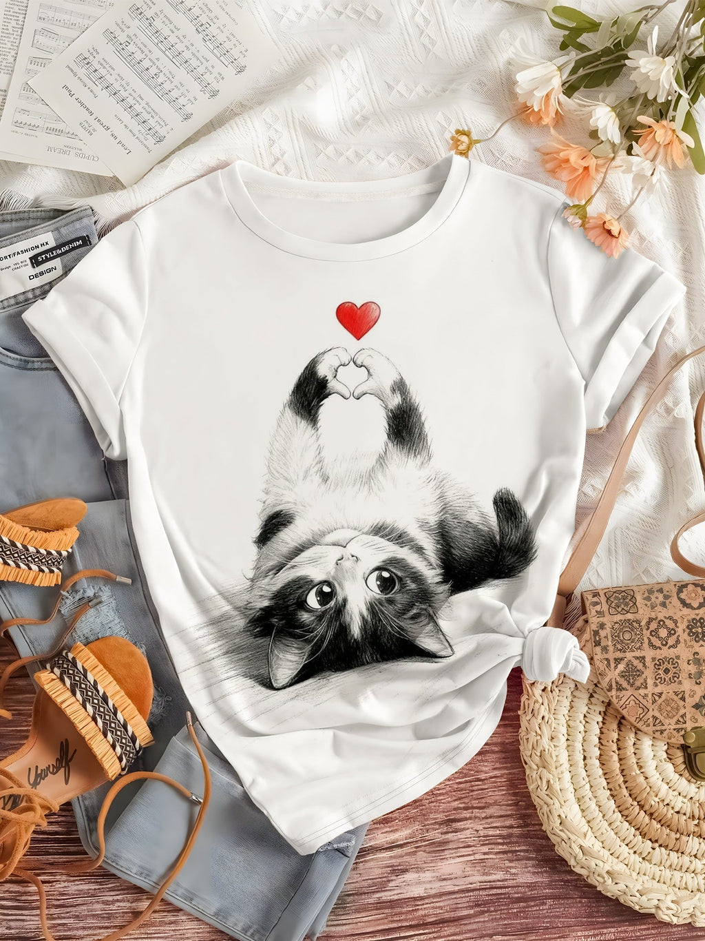 Cute Cat Heart Hand Print Tee Crew Neck Short Sleeve Casual Top