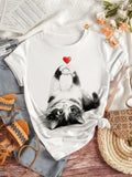 Cute Cat Heart Hand Print Tee Crew Neck Short Sleeve Casual Top