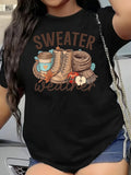Women’s Sweater Weather Coffee Boot Scarf Apple Fall Autumn Graphic Short Sleeve T‑Shirt, Harvest Season Maple Leaf Casual Everyday Tee Top