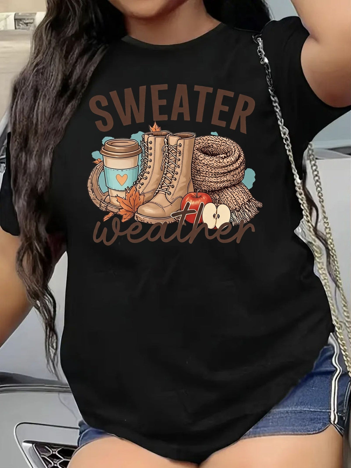 Women’s Sweater Weather Coffee Boot Scarf Apple Fall Autumn Graphic Short Sleeve T‑Shirt, Harvest Season Maple Leaf Casual Everyday Tee Top