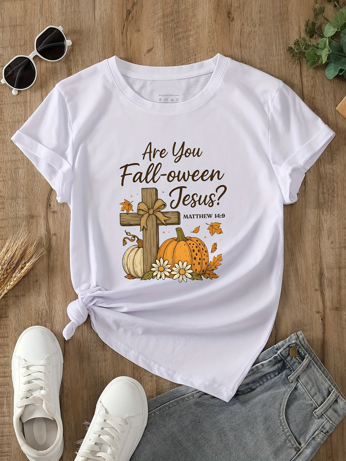 Women Fall Faith Cross Pumpkin Graphic T‑Shirt, Christian Religious Casual Short Sleeve Autumn Tee