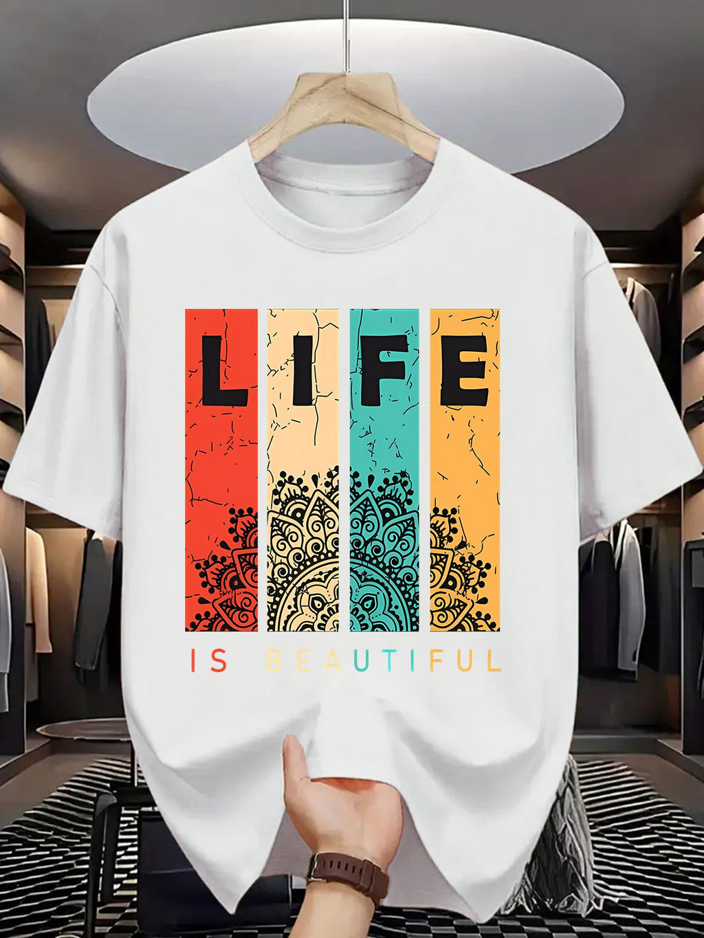 Men's Short Sleeve Crew Neck T-Shirt, Trendy "Life Is Beautiful" Colorful Graphic Print Casual Tee Men Clothing