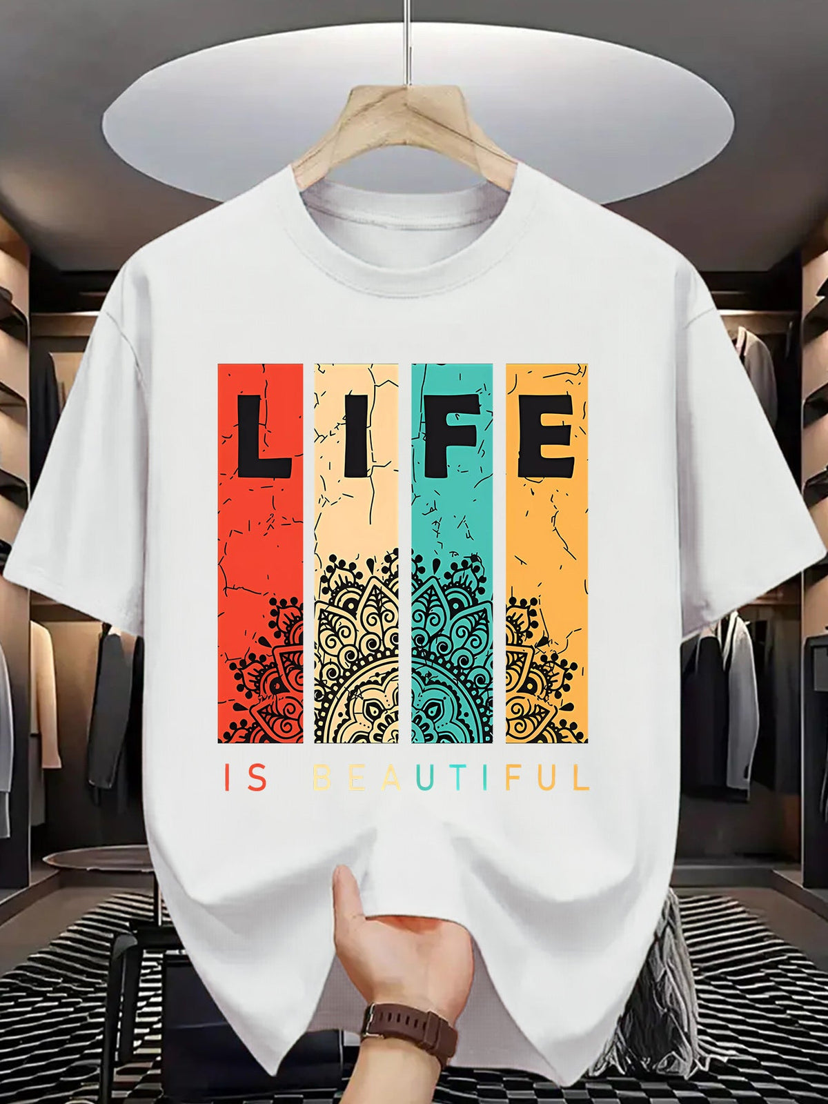 Men's Short Sleeve Crew Neck T-Shirt, Trendy "Life Is Beautiful" Colorful Graphic Print Casual Tee Men Clothing
