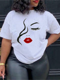 Abstract Woman Face Red Lips Graphic T-Shirt for Women Minimalist Line Art Eyelashes Lips Print