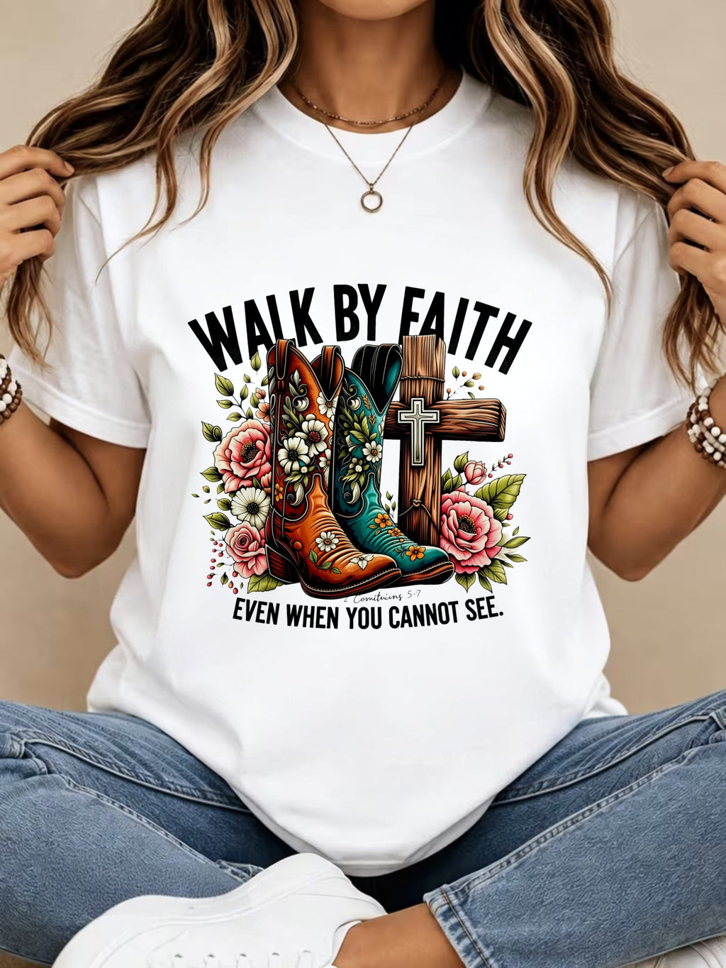 Walk By Faith Even When You Cannot See T-Shirt Floral Cowboy Boots Cross Graphic Tee Women Christian 2 Corinthians 5:7 Casual Top