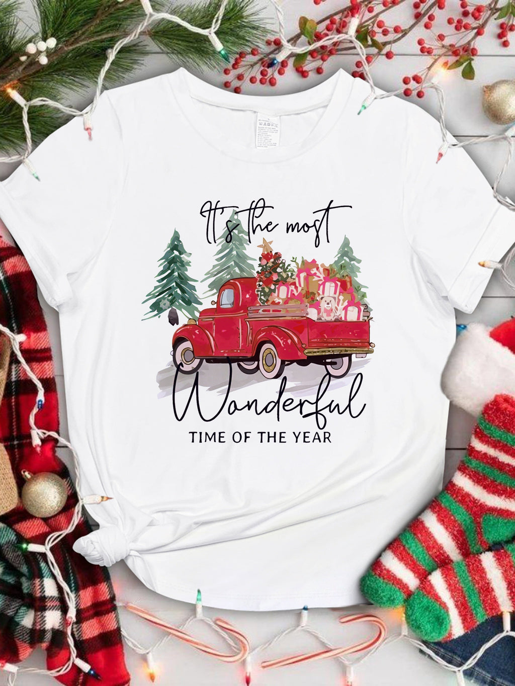 White Christmas Graphic T-Shirt Women's Red Truck With Gifts & Dog Pine Tree Print "Wonderful Time" Casual Short Sleeve Tee