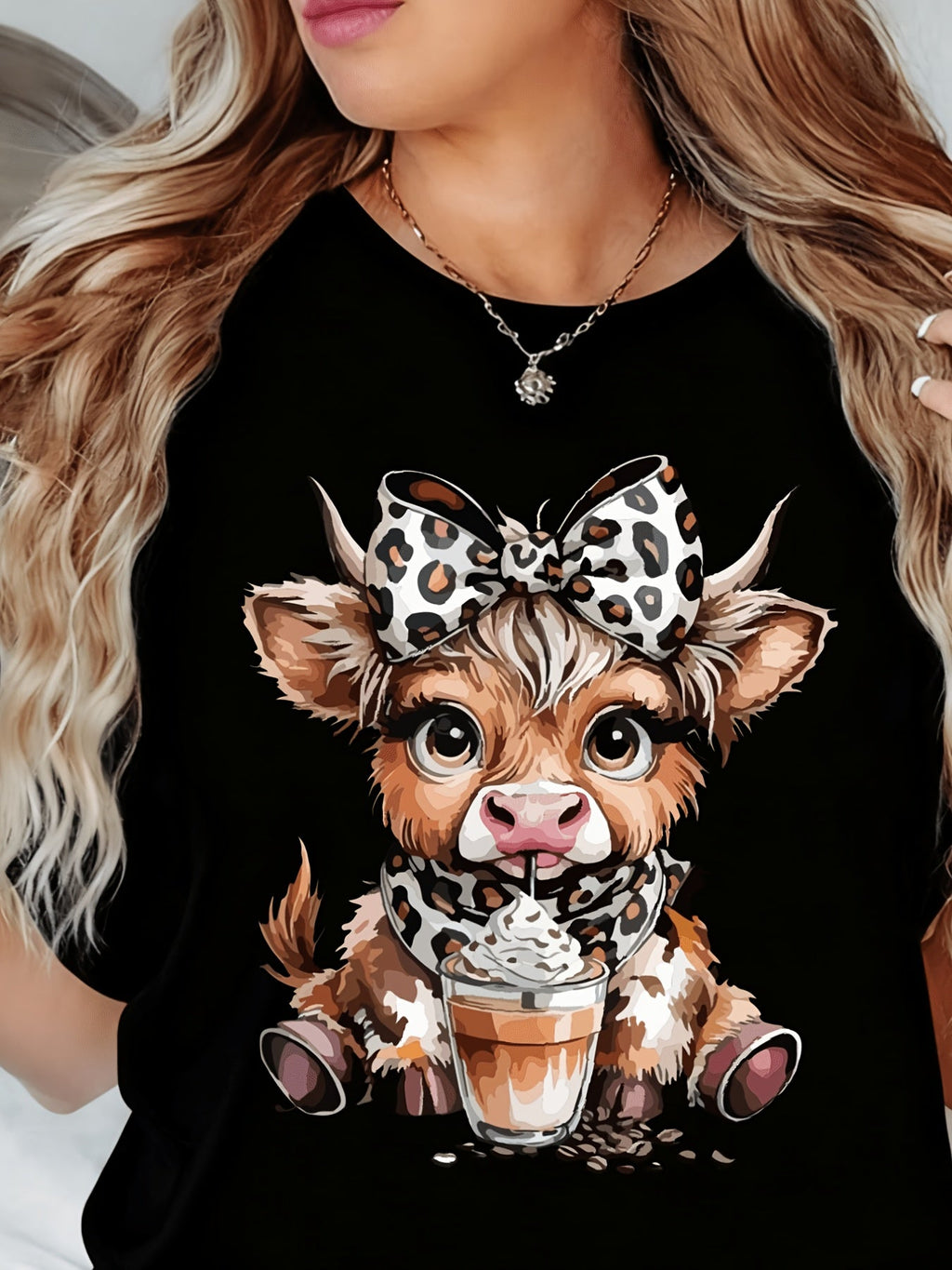 Women's Highland Cow T-Shirt, Cute Leopard Bow Coffee Graphic Tee, Casual Short Sleeve Crew Neck Top