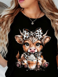 Women's Highland Cow T-Shirt, Cute Leopard Bow Coffee Graphic Tee, Casual Short Sleeve Crew Neck Top