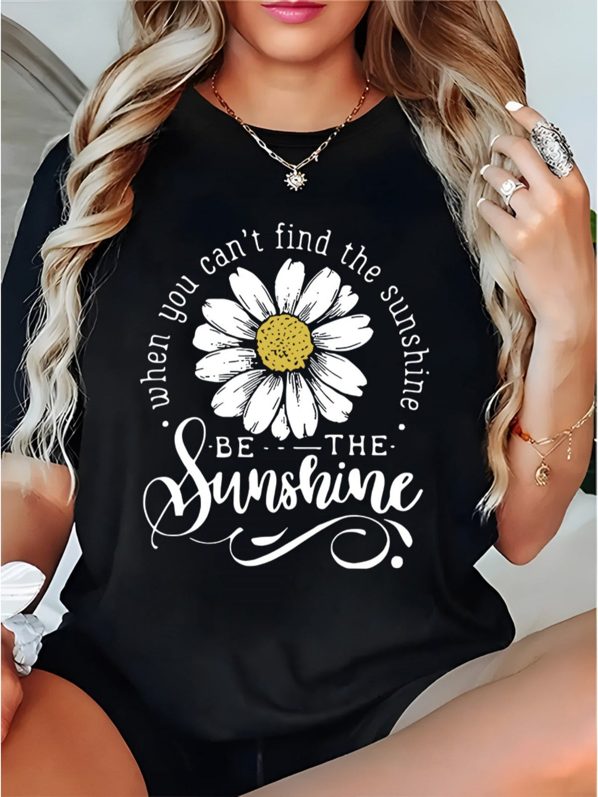 Inspirational Quote Women Short Sleeve T‑Shirt, When You Can’t Find The Sunshine Be The Sunshine Daisy Floral Casual Graphic Tee