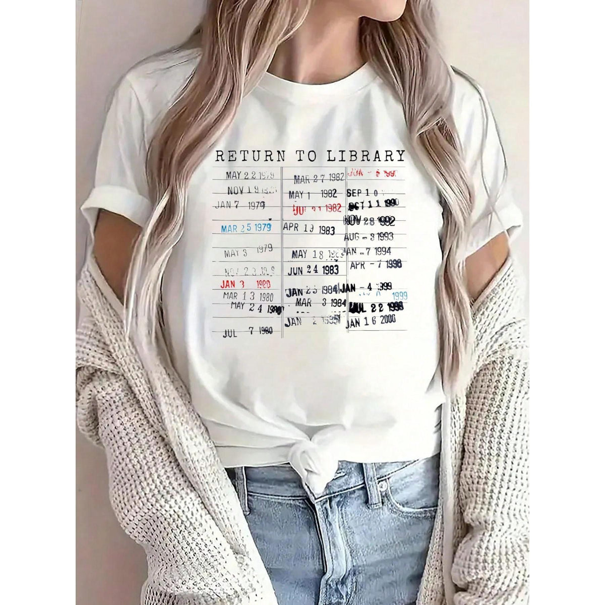 100% Cotton Library Card Due Date Stamp Book Lover Reading Vintage Read T-Shirt Printed O-Neck Casual T Shirt Women's Clothing