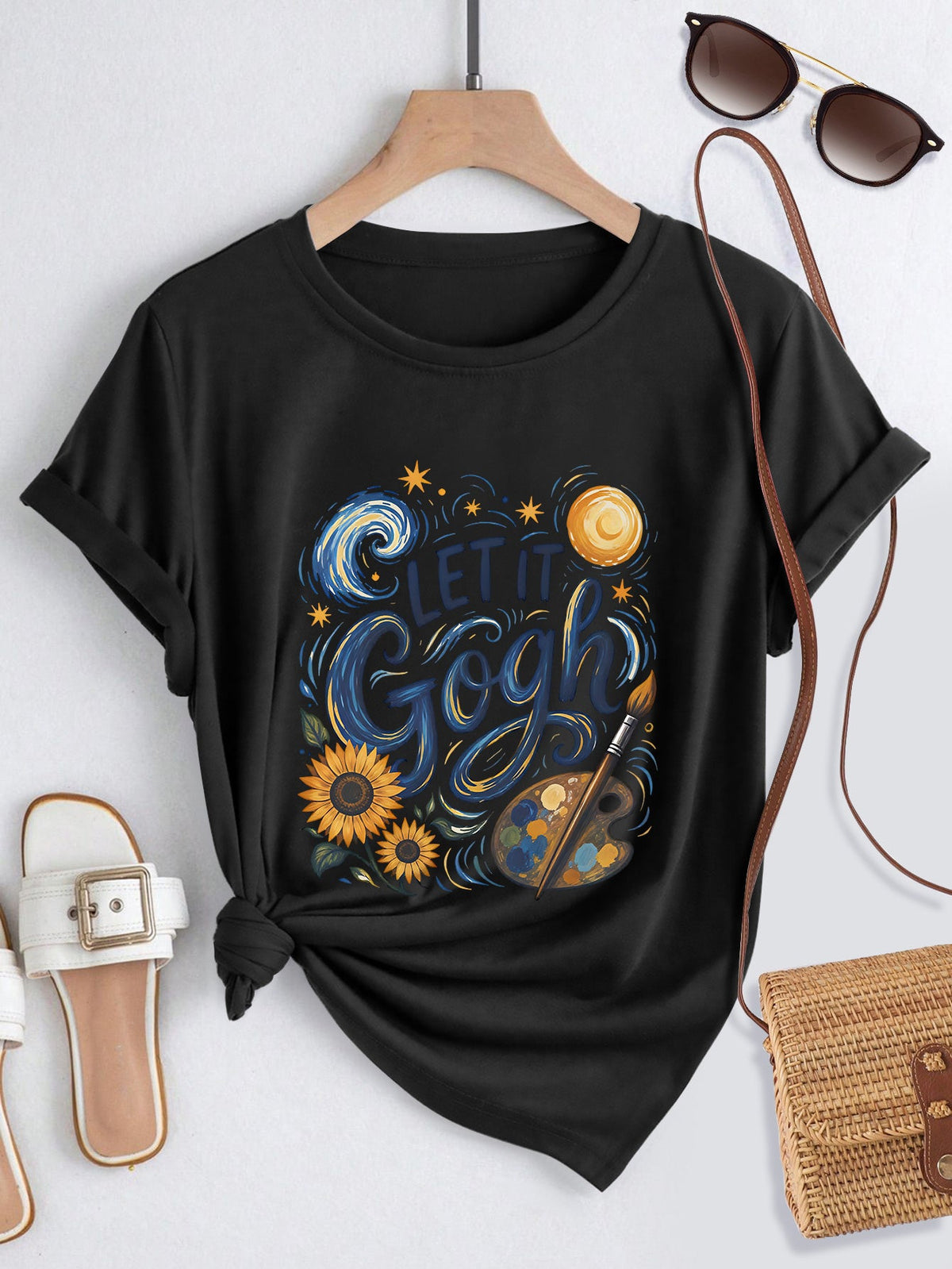 Let It Gogh T-Shirt Funny Van Gogh Starry Night Sunflower Artist Palette Brush Graphic Tee