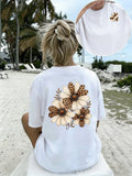 Women Crew Neck Double Sided Print Short Sleeve TShirt, Leopard Print Daisy Floral Graphic Front Back Printed Tee, Casual Tops, Retro Wild Flower Theme Printed TShirts