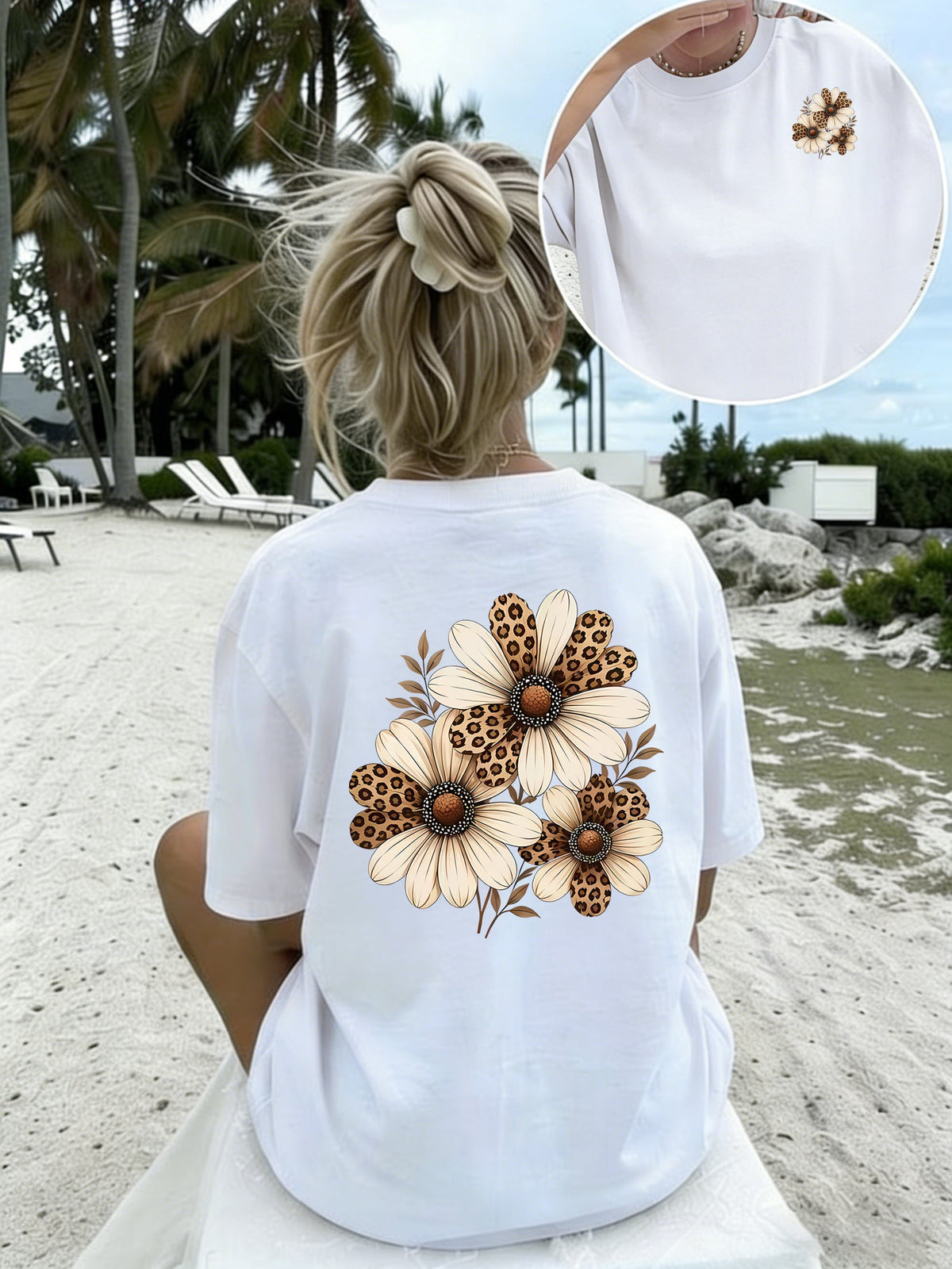 Women Crew Neck Double Sided Print Short Sleeve TShirt, Leopard Print Daisy Floral Graphic Front Back Printed Tee, Casual Tops, Retro Wild Flower Theme Printed TShirts
