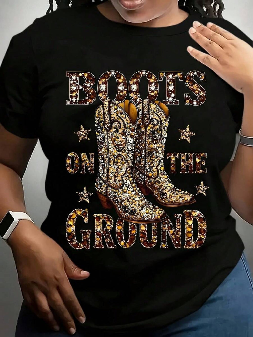 Plus Size Boots On The Ground T-Shirt Rhinestone Cowboy Boot Graphic Tee Women's Western Short Sleeve Crewneck Top