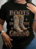 Plus Size Boots On The Ground T-Shirt Rhinestone Cowboy Boot Graphic Tee Women's Western Short Sleeve Crewneck Top