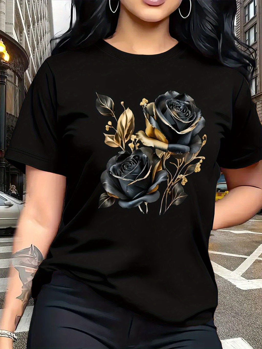 Women’s Vintage Black and Golden Rose Graphic Short‑Sleeve T‑Shirt, Floral Casual Crew Neck Daily Top