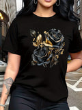 Women’s Vintage Black and Golden Rose Graphic Short‑Sleeve T‑Shirt, Floral Casual Crew Neck Daily Top