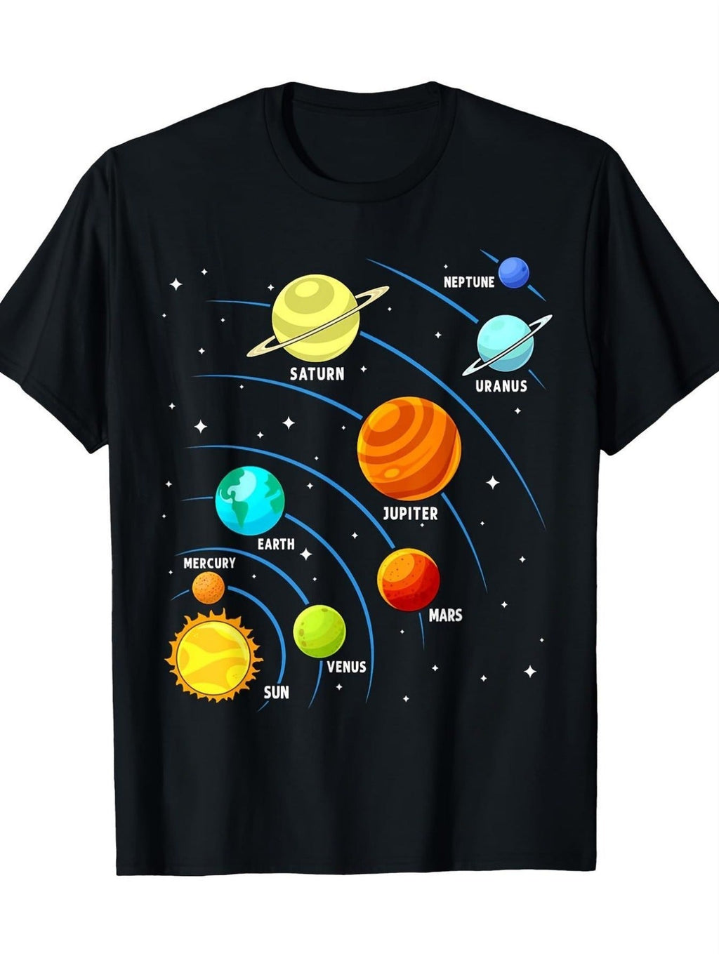 Solar System Graphic TShirt Black Space Science Tee with Colorful Planets and Constellation Labels Casual Crew Neck Short Sleeve