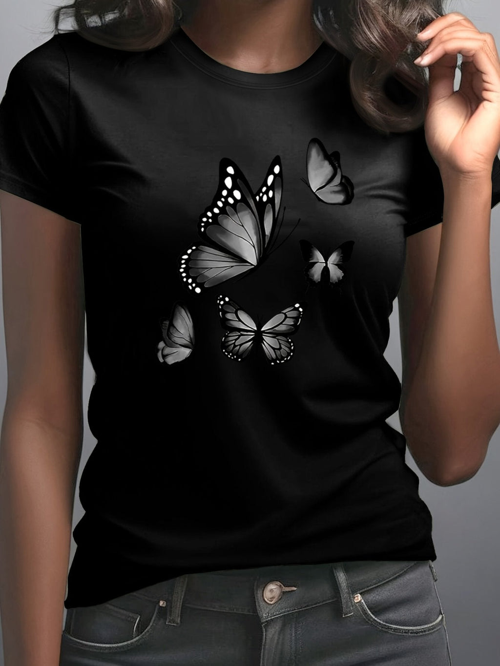 Women’s Tshirts Elegant Butterfly Graphic Short‑Sleeve T‑Shirt For Women, Casual Round Neck Summer Fashion Daily Top