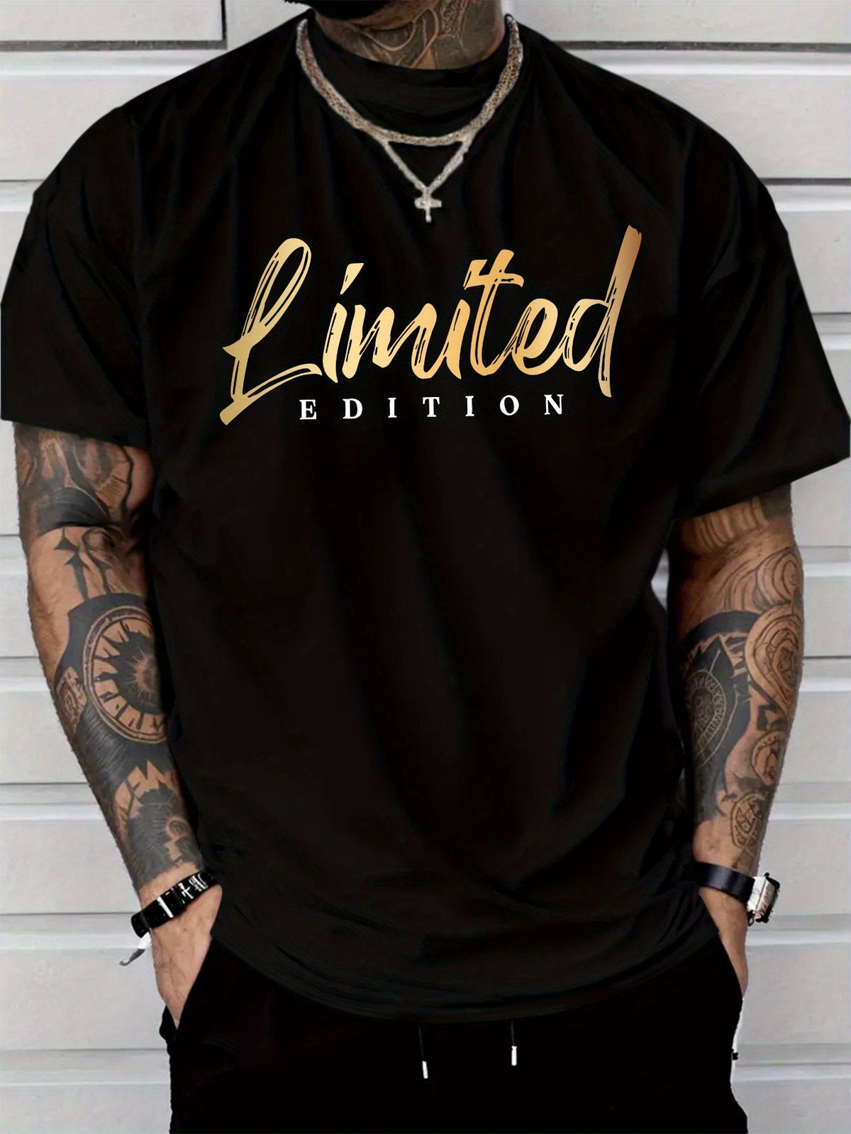 Mens Trendy Golden "Limited Edition" Letter Print Casual Everyday Tee Crew Neck Short Sleeve Men Clothing