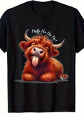 Musty Moo Moo Moo Funny Highland Cow Sticking Tongue Out Graphic Short Sleeve T-Shirt, Casual Tee Top