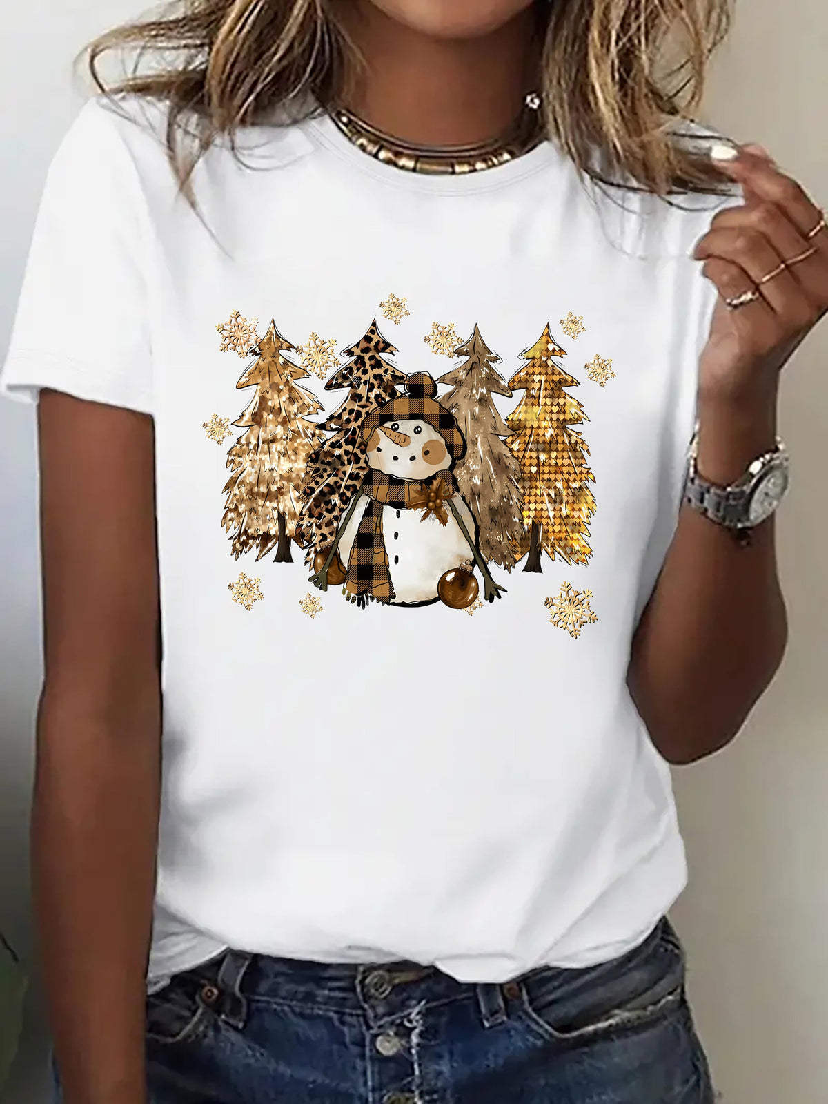 Women’s Christmas Snowman Graphic T‑Shirt, Leopard Plaid Christmas Tree Festive Casual Holiday Top，Women Tshirts