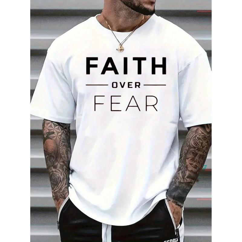 Men'S Faith Over Fear Christian Graphic T-Shirt - With Lettering, Casual Round Neck Short Sleeve, Breathable Summer Tee For Church Events & Casual Attire, Inspirational Bible Verse Apparel