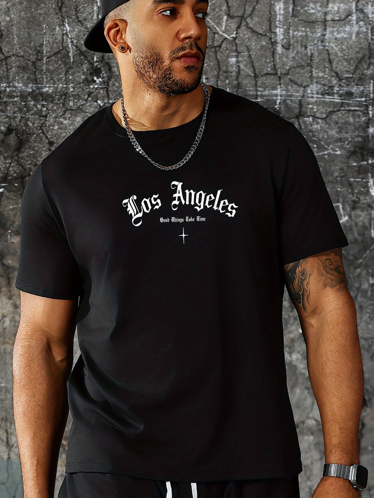 Men’s Los Angeles Gothic Graphic T‑Shirt, Crew Neck Short Sleeve Streetwear Tee "Good Things Take Time" Back Print Casual Top, Black