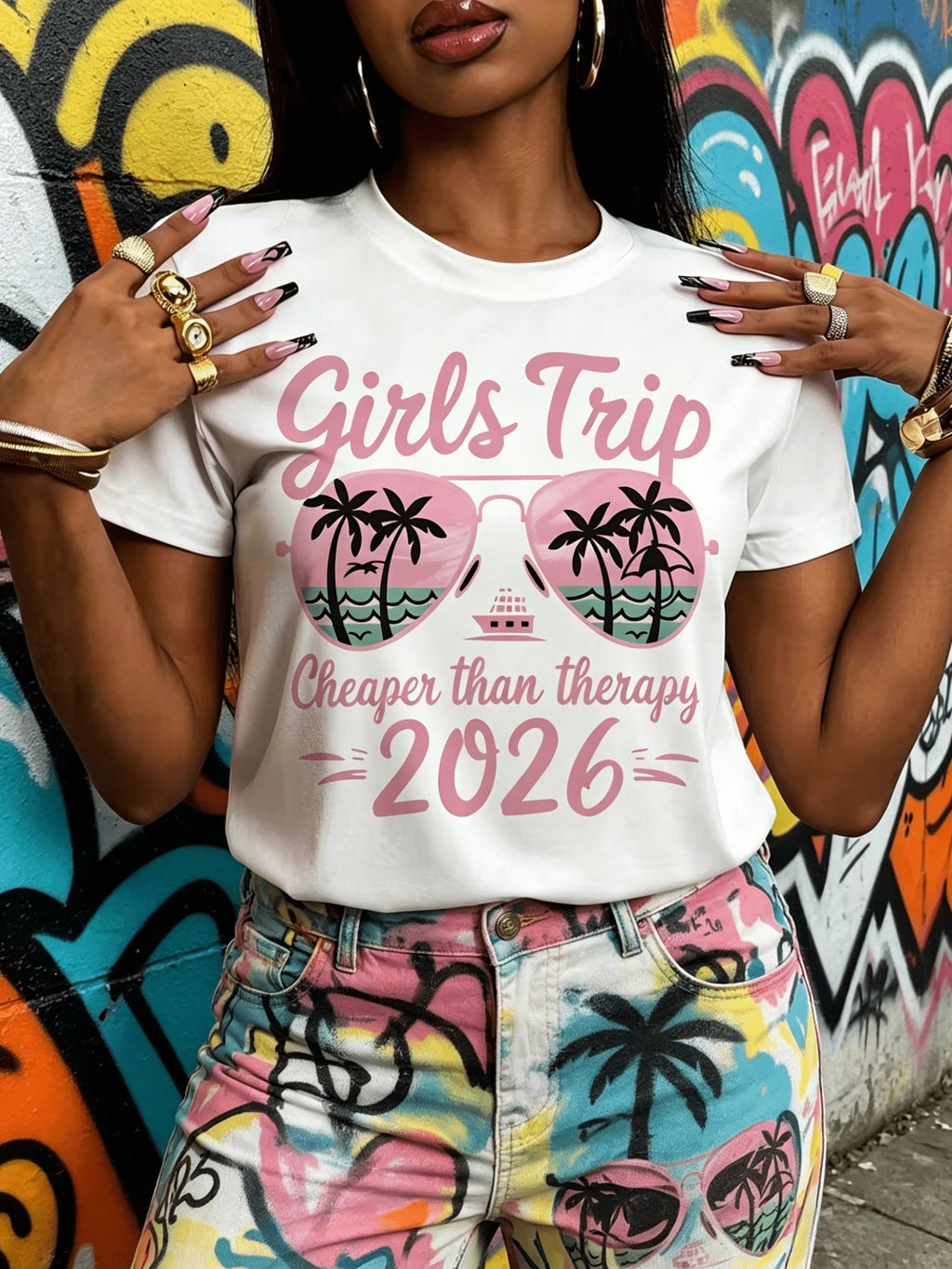 2026 T-Shirt Women's Pink Sunglass Cruise Palm Tree Print Short Sleeve Crew Neck Casual Tee