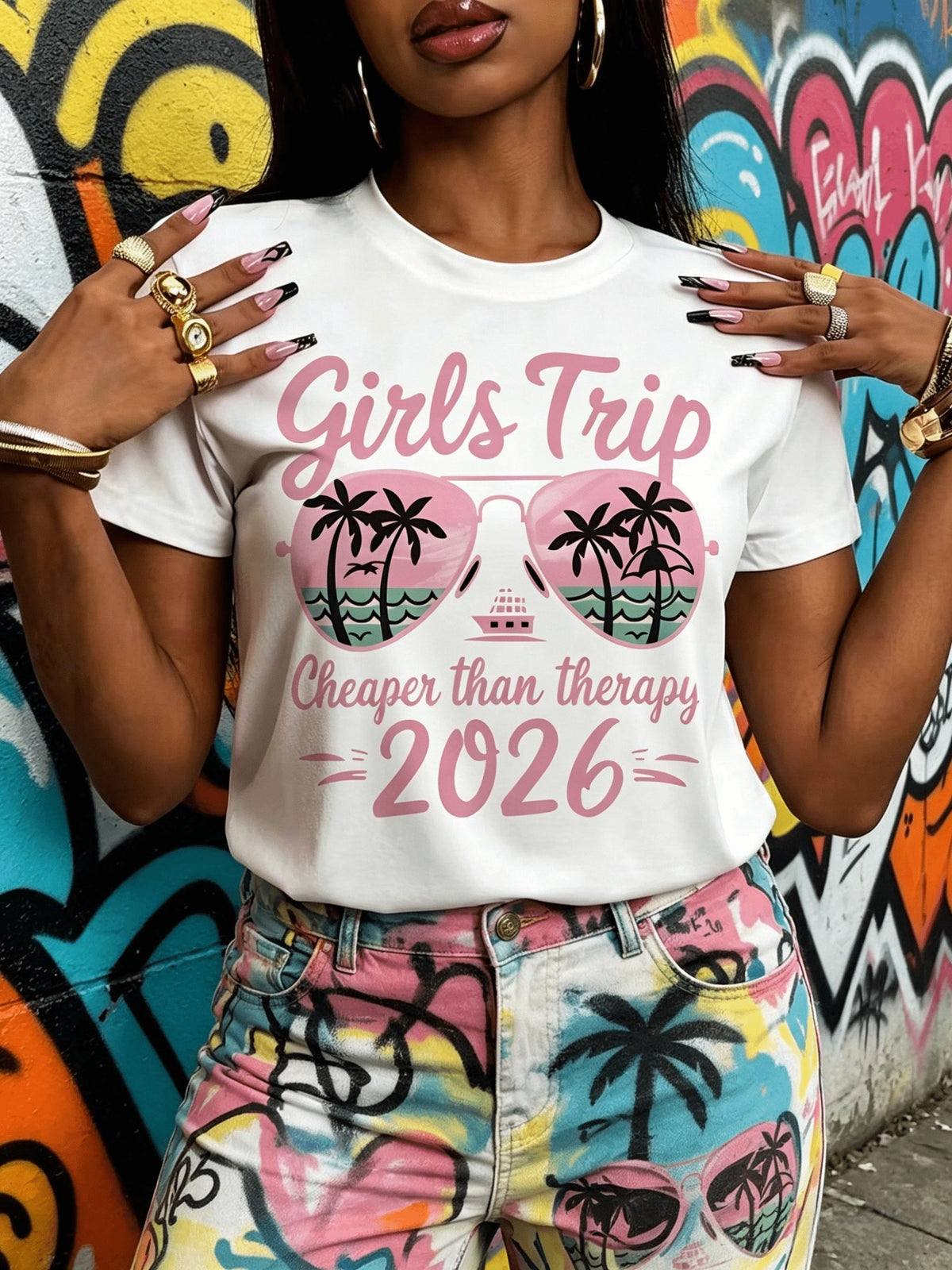 2026 T-Shirt Women's Pink Sunglass Cruise Palm Tree Print Short Sleeve Crew Neck Casual Tee