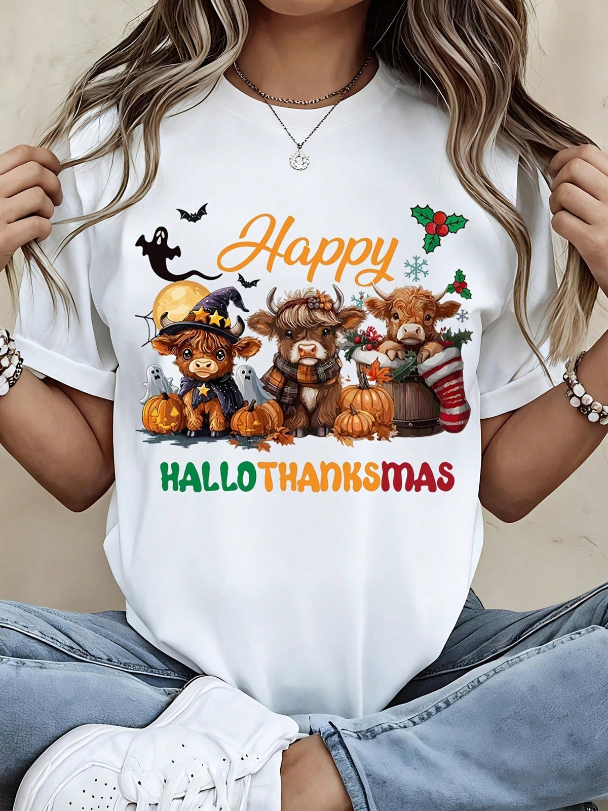 Plus Size Women's Printed T-Shirt - Soft And Breathable Cotton Crew Neck - Autumn Halloween Thanksgiving Casual Wear