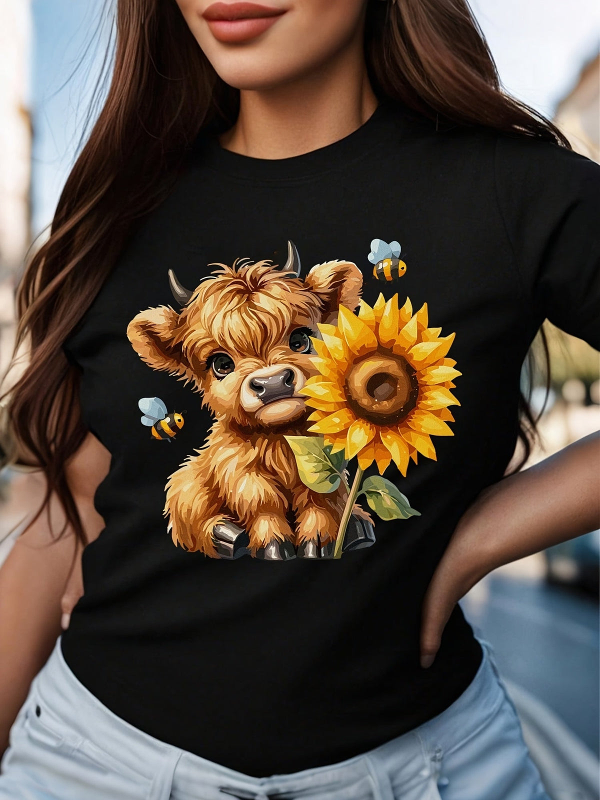 Highland Cow Sunflower Graphic TShirt Black Casual Tee with Cute Highland Cow, Sunflower & Bees, Round Neck TShirt
