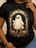 Women’s Western Cowboy Ghost Pumpkin Halloween Graphic Short Sleeve T‑Shirt, Retro Country Ghost With Cowboy Boots Star Horseshoe Spooky Casual Tee Top