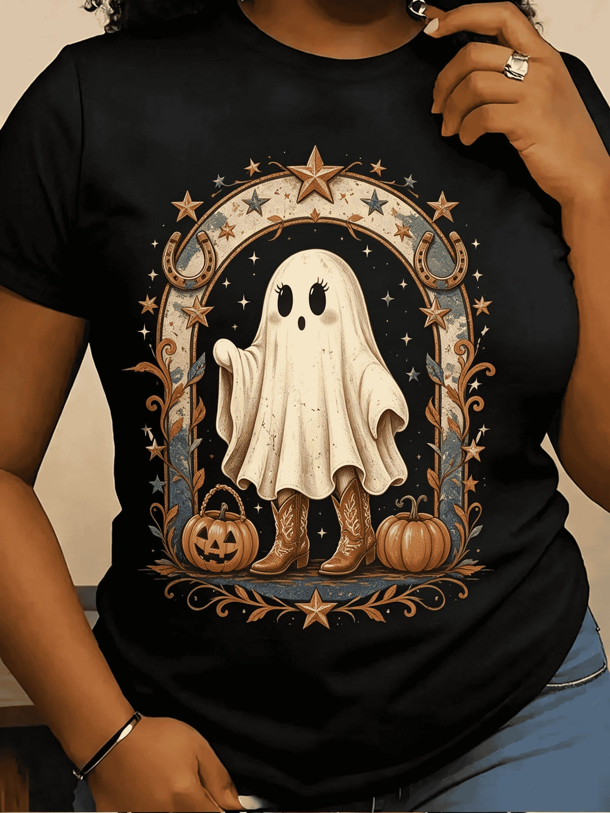 Women’s Western Cowboy Ghost Pumpkin Halloween Graphic Short Sleeve T‑Shirt, Retro Country Ghost With Cowboy Boots Star Horseshoe Spooky Casual Tee Top